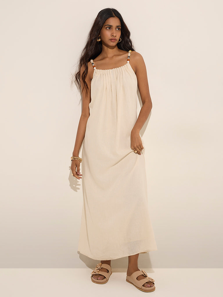 Westside LOV Women's Beige Pintuck Detaile Linen-Blendd Slip Dress for Casual Wear Full View