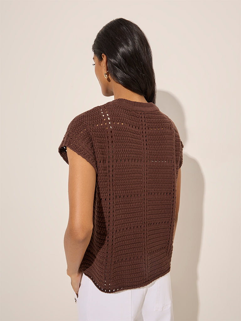 Westside LOV Women's Dark Brown Crochet Cotton Top for Casual Wear Back View