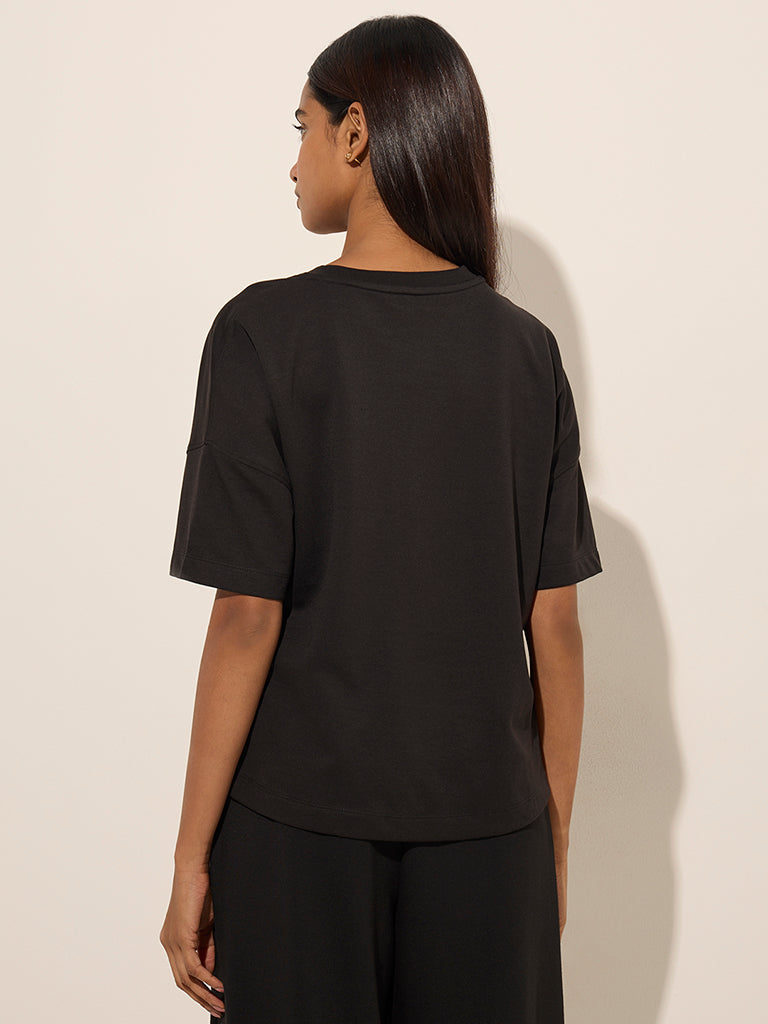 Westside LOV Women's Black Embroidered High-Low Cotton-Blend Top for Casual Wear Casual Wear Back View