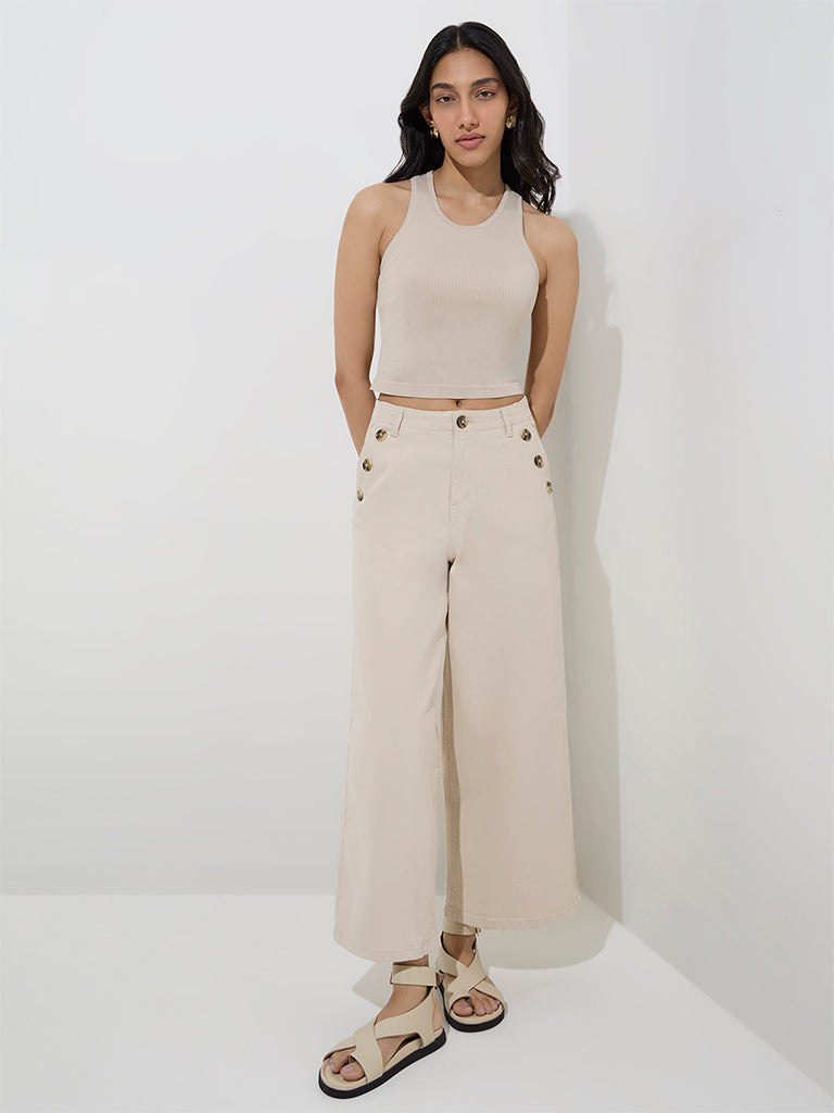 Westside LOV Women's Beige Ribbed-Textured Tank Top for Casual Wear Full View