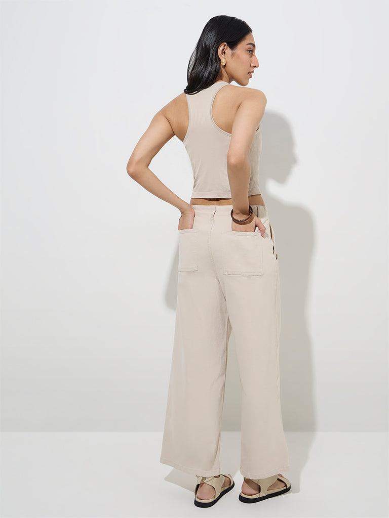 Westside LOV Women's Beige Ribbed-Textured Tank Top for Casual Wear Back View