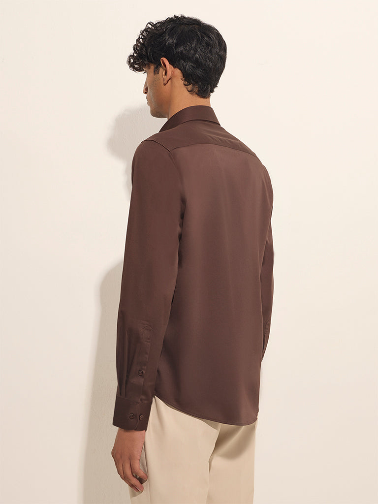 Westside WES Formals Men's Brown Slim-Fit Cotton-Blend Shirt for Work Wear Back View