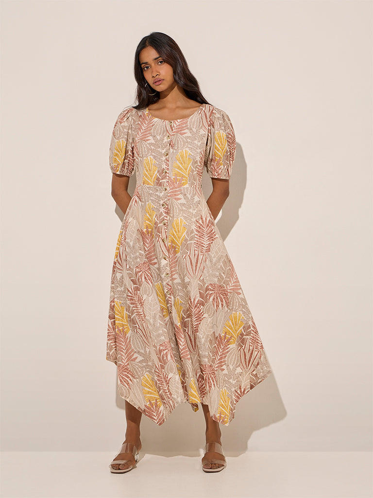 Beige Leaf Print Dress