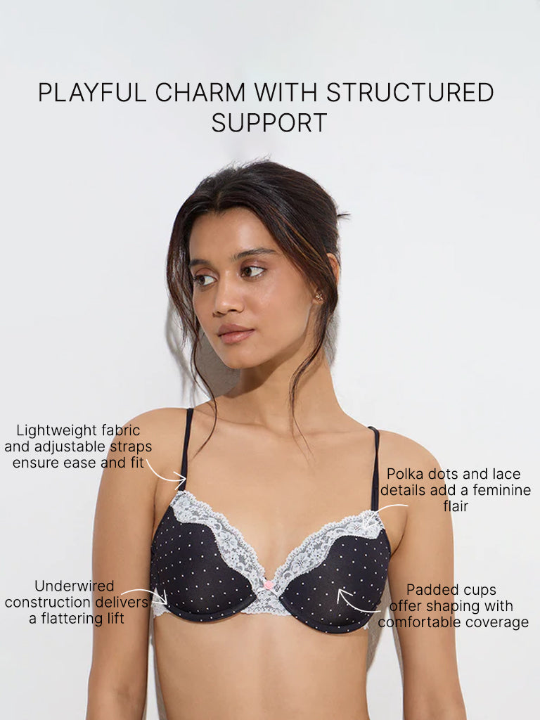Westside Wunderlove Women's Black Polka Dotted Padded Under-Wired Bra for Casual Wear Infographic Image