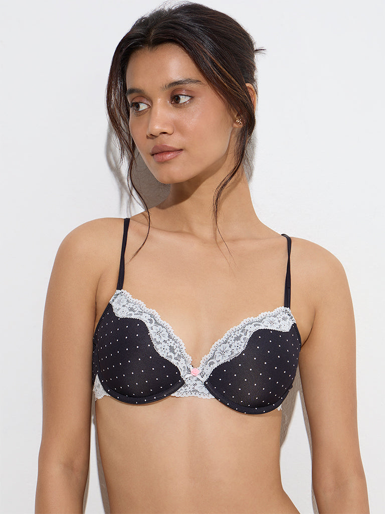 Westside Wunderlove Women's Black Polka Dotted Padded Under-Wired Bra for Casual Wear Front View