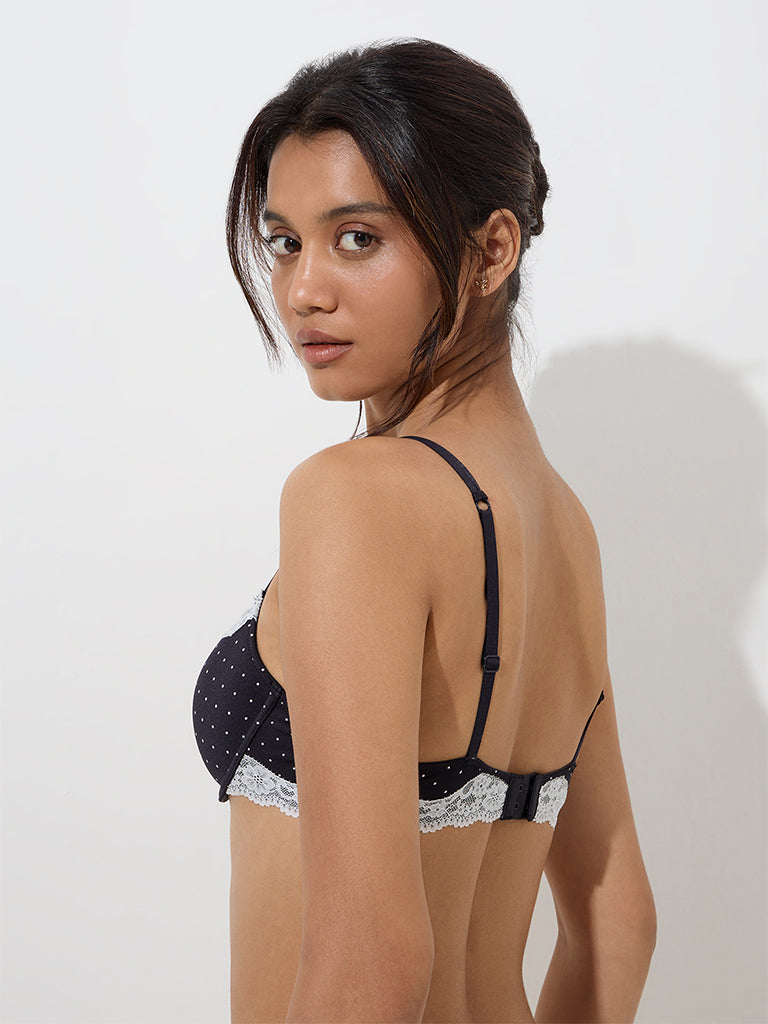 Westside Wunderlove Women's Black Polka Dotted Padded Under-Wired Bra for Casual Wear Back View