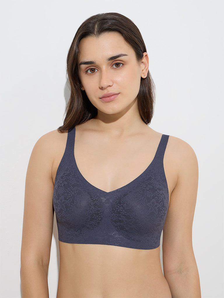 Wunderlove Charcoal Floral Lace Design Padded Bra