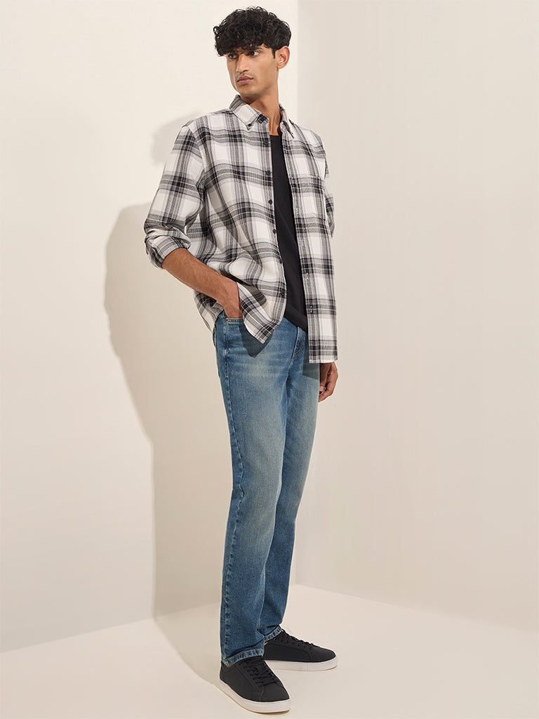 WES Casuals White Checks Design Relaxed-Fit Cotton Shirt