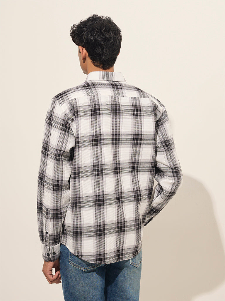 Westside WES Casuals Men's White Checks Design Relaxed-Fit Cotton Shirt for Casual Wear Back View