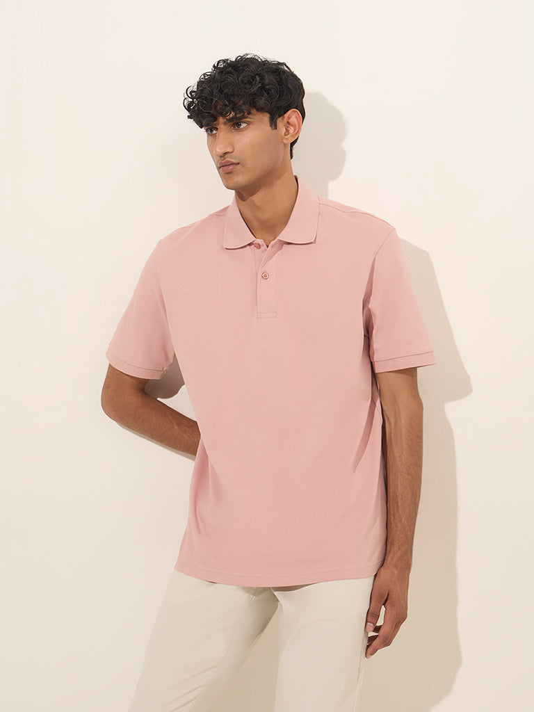 Westside WES Casuals Men's Light Pink Relaxed-Fit Cotton-Blend Polo T-Shirt for Casual Wear Front view