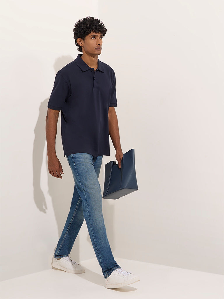WES Casuals Navy Relaxed-Fit Cotton-Blend Polo T-Shirt