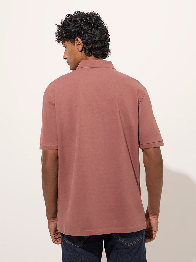Westside WES Casuals Men's Dusty Rose Relaxed-Fit Cotton-Blend Polo T-Shirt for Casual Wear Back View