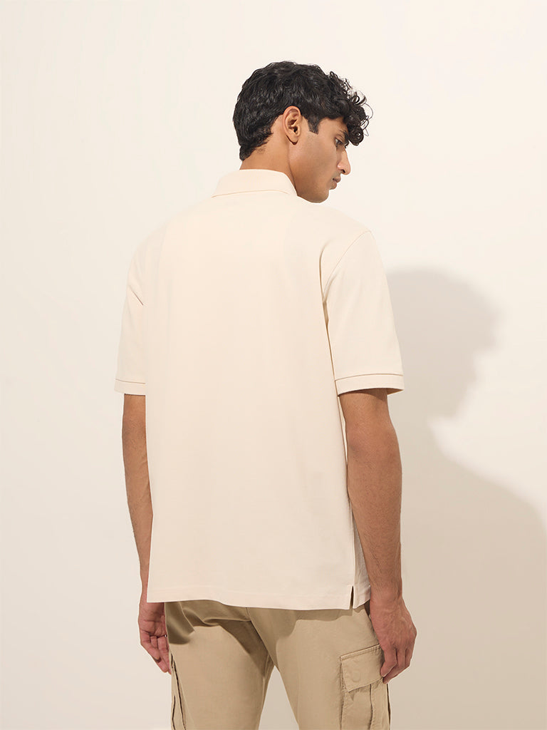 Westside WES Casuals Men's Off-White Relaxed-Fit Cotton-Blend Polo T-Shirt for Casual Wear Back View