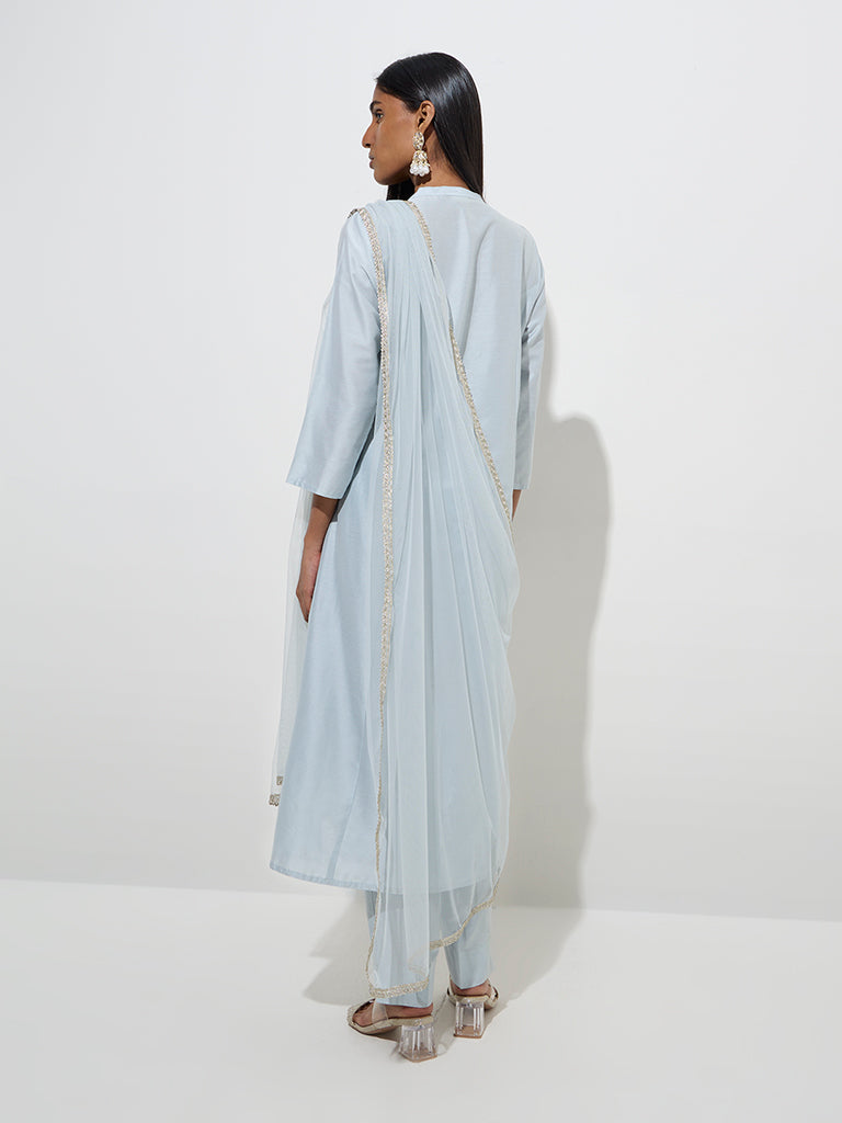 Westside Vark Women's Light Blue A-Line Kurta, Pants and Dupatta Set for Festive Wear Back View