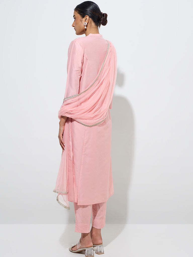 Westside Vark Women's Light Pink Embroidered Kurta, Pants, and Dupatta Set for Festive Wear Back View