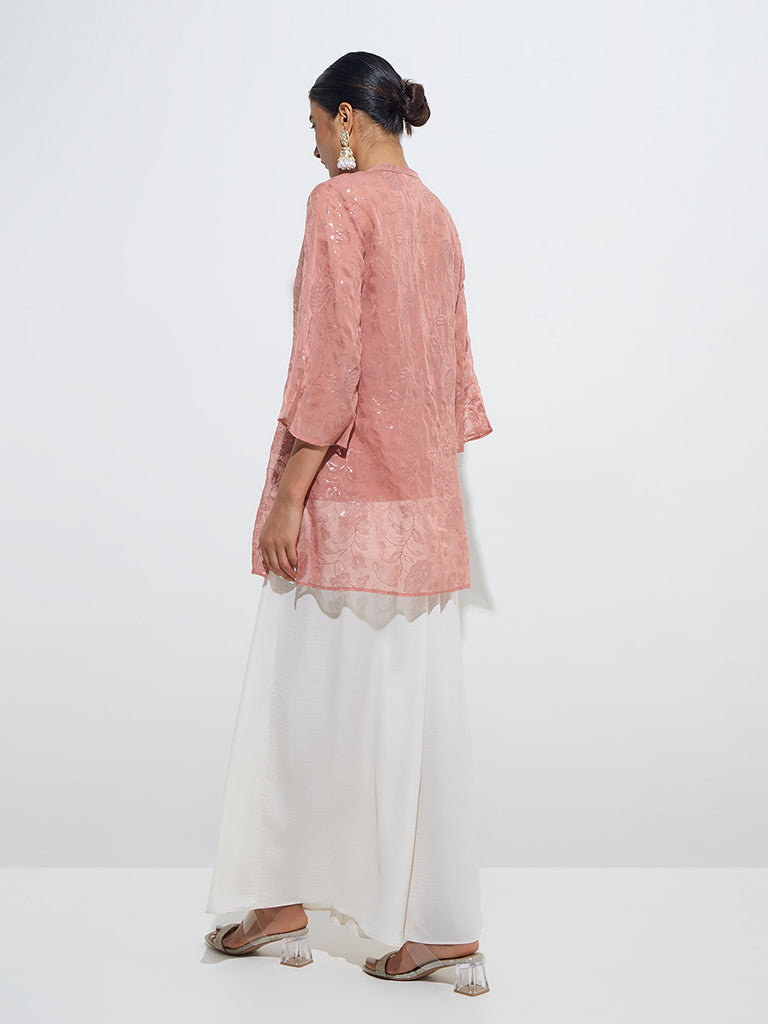 Westside Vark Women's Dusty Peach Sequin-Detailed Tunic with Camisole Set for Festive Wear Back View