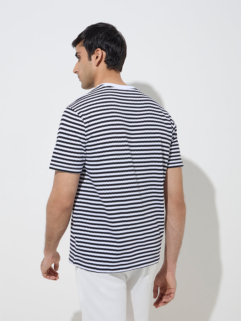 Westside WES Lounge Men's Black Striped Relaxed-Fit Cotton-Blend T-Shirt for Casual Wear Back View