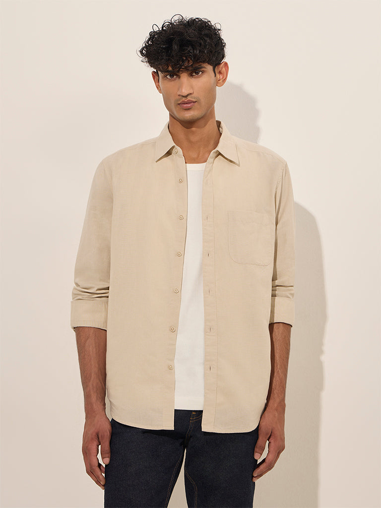 Westside WES Casuals Men's Beige Solid Relaxed-Fit Cotton Shirt for Casual Wear Front View