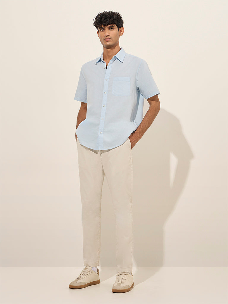 Westside WES Casuals Men's Light Blue Solid Relaxed-Fit Cotton-Blend Shirt for Casual Wear Full View