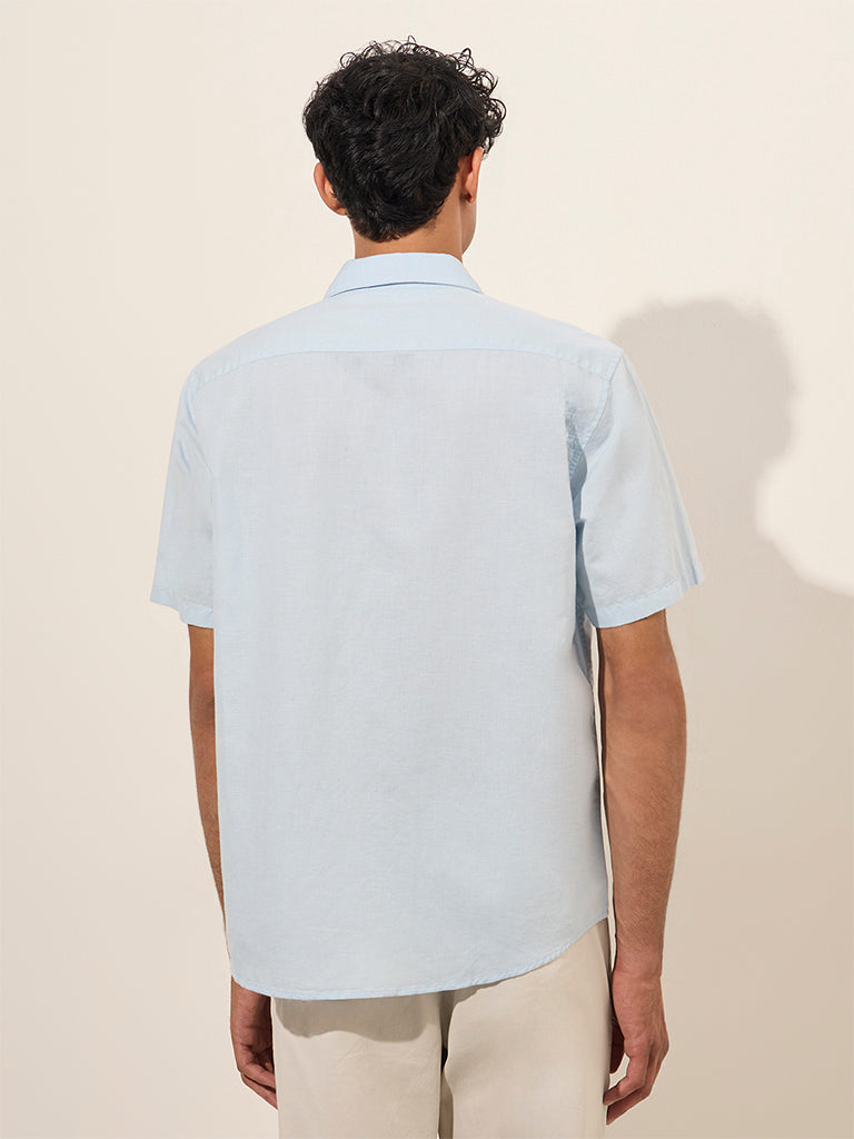Westside WES Casuals Men's Light Blue Solid Relaxed-Fit Cotton-Blend Shirt for Casual Wear Back View