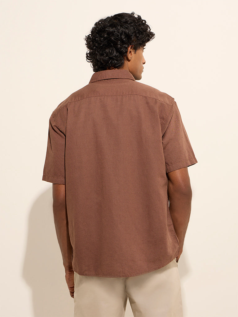 Westside WES Casuals Men's Brown Relaxed-Fit Linen-Blend Shirt for Casual Wear Back View