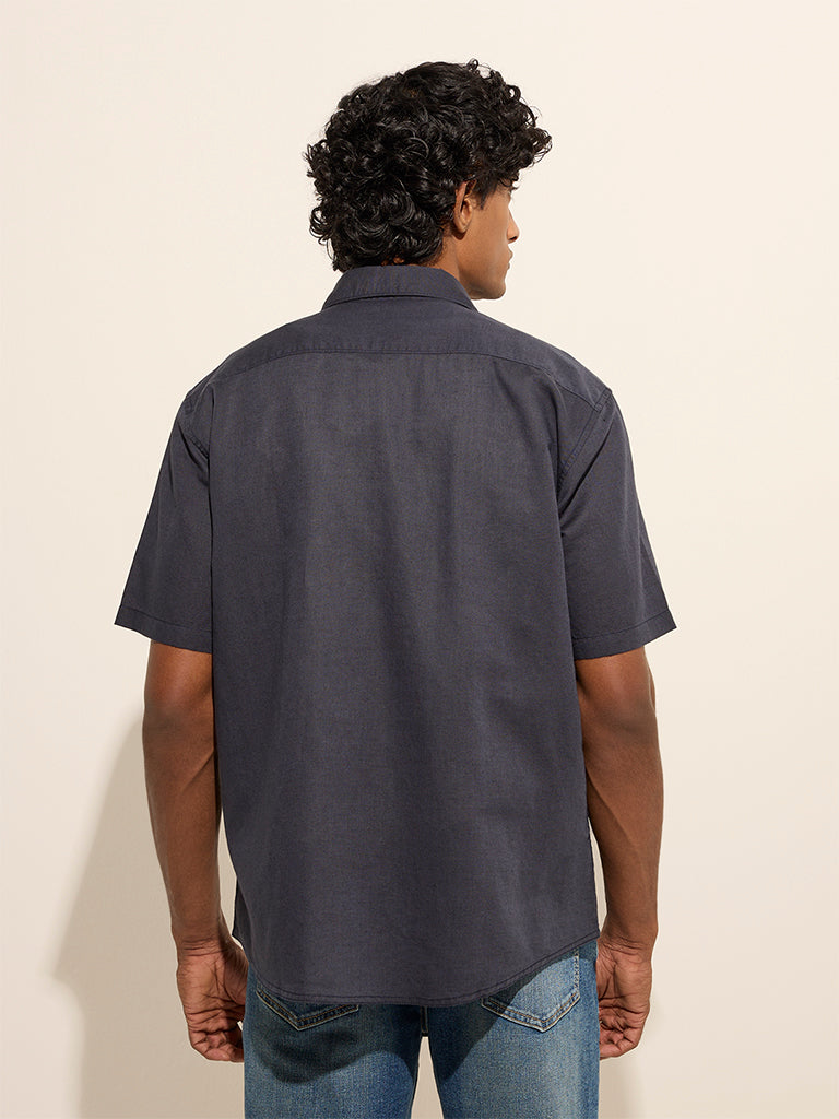 Westside WES Casuals Men's Navy Relaxed-Fit Linen-Blend Shirt for Casual Wear Back View