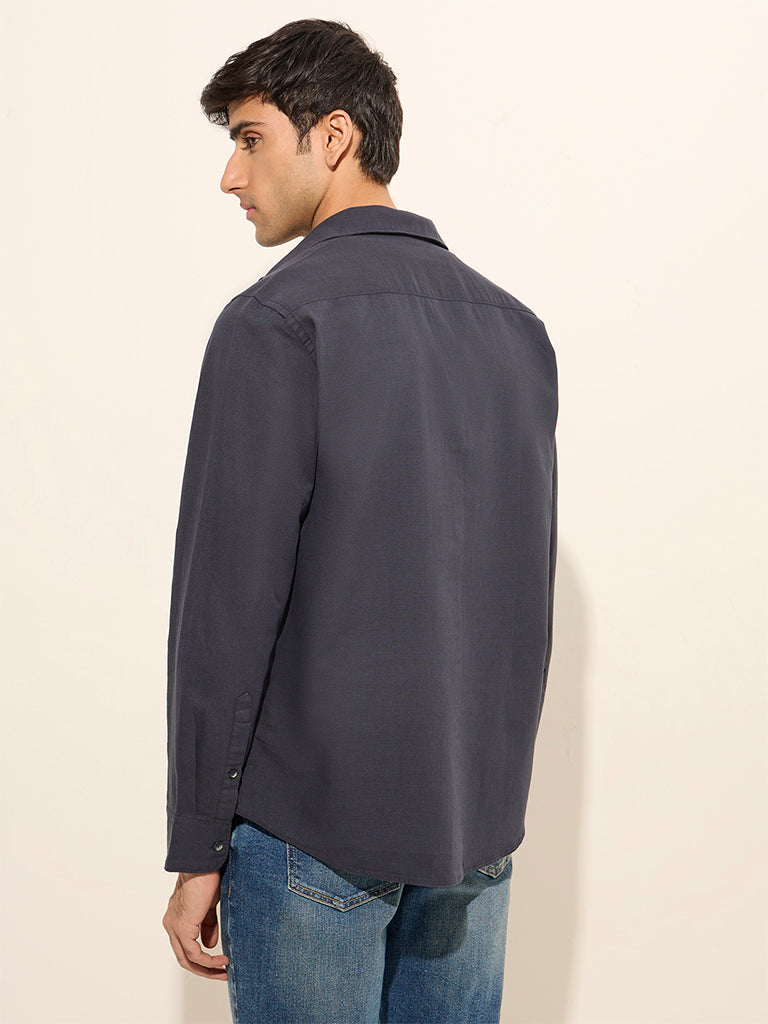 Westside WES Casuals Men's Blue Relaxed-Fit Cotton-Blend Shirt for Casual Wear Back View