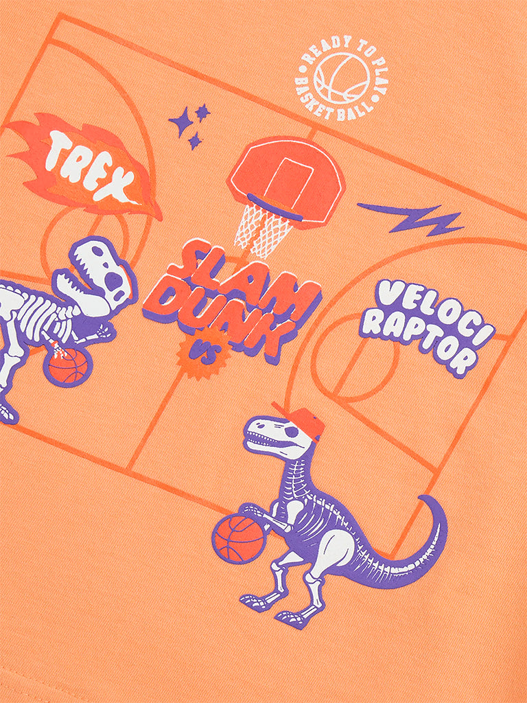 Westside HOP Kids Orange Animal Printed Cotton T-Shirt for Casual Wear Zoomed View