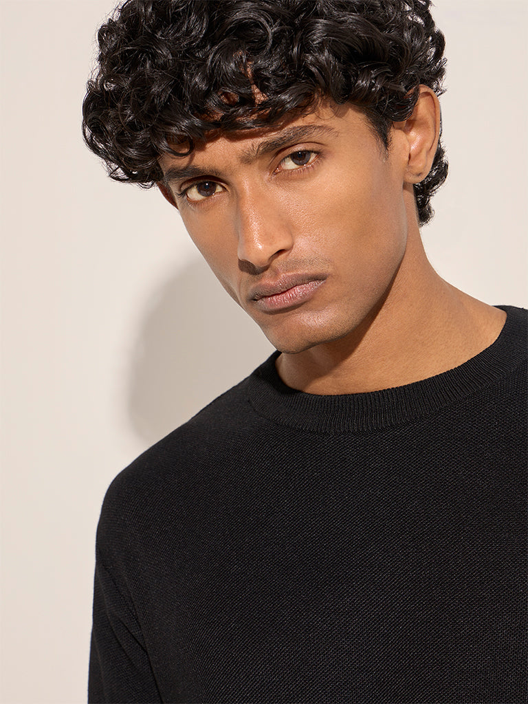 WES Formals Black Slim-Fit Cotton T-Shirt
