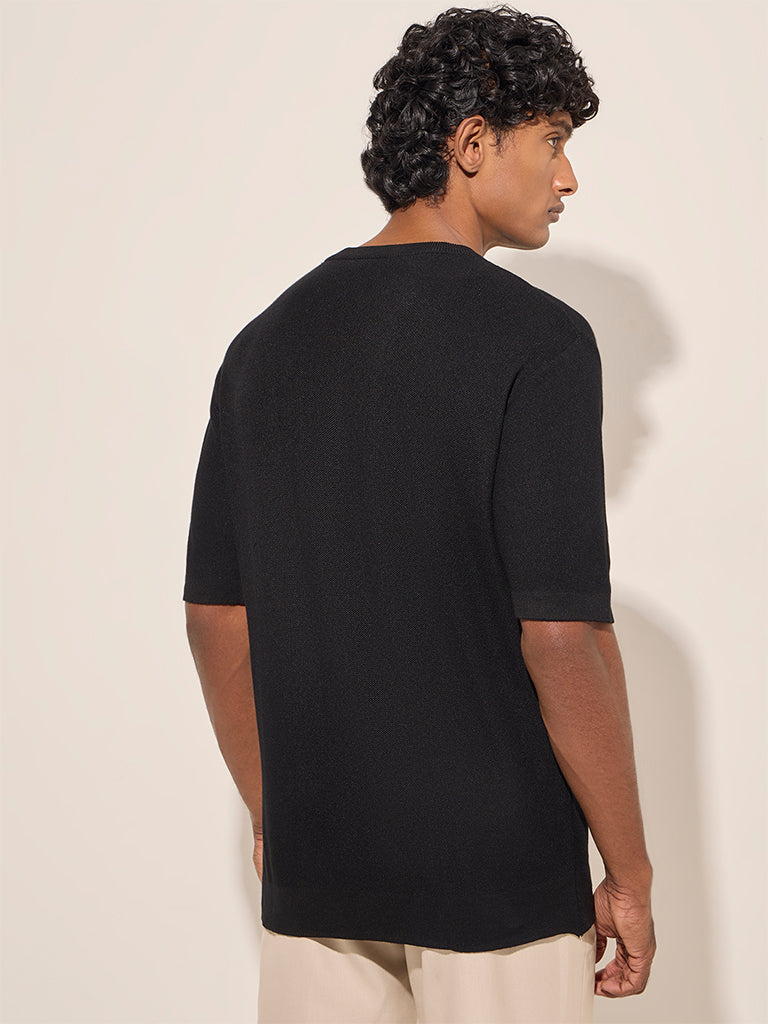 Westside WES Formals Men's Black Slim-Fit Cotton T-Shirt for Work Wear Back View