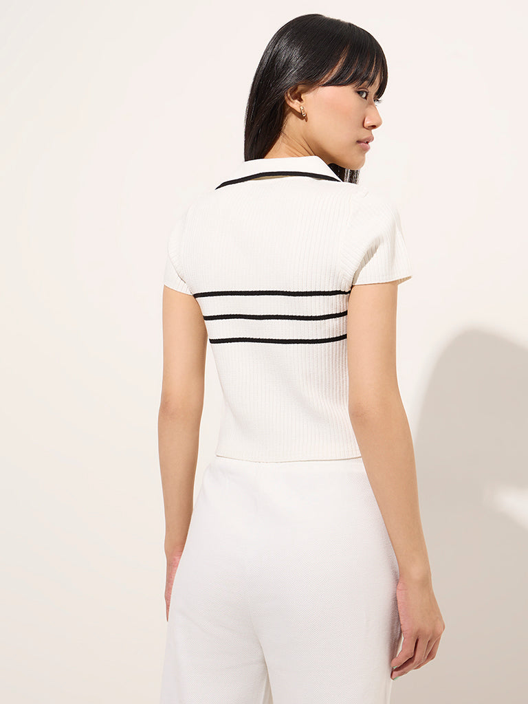 Westside Studiofit Women's White Ribbed-Textured T-Shirt for Sports Wear Sports Wear Back View