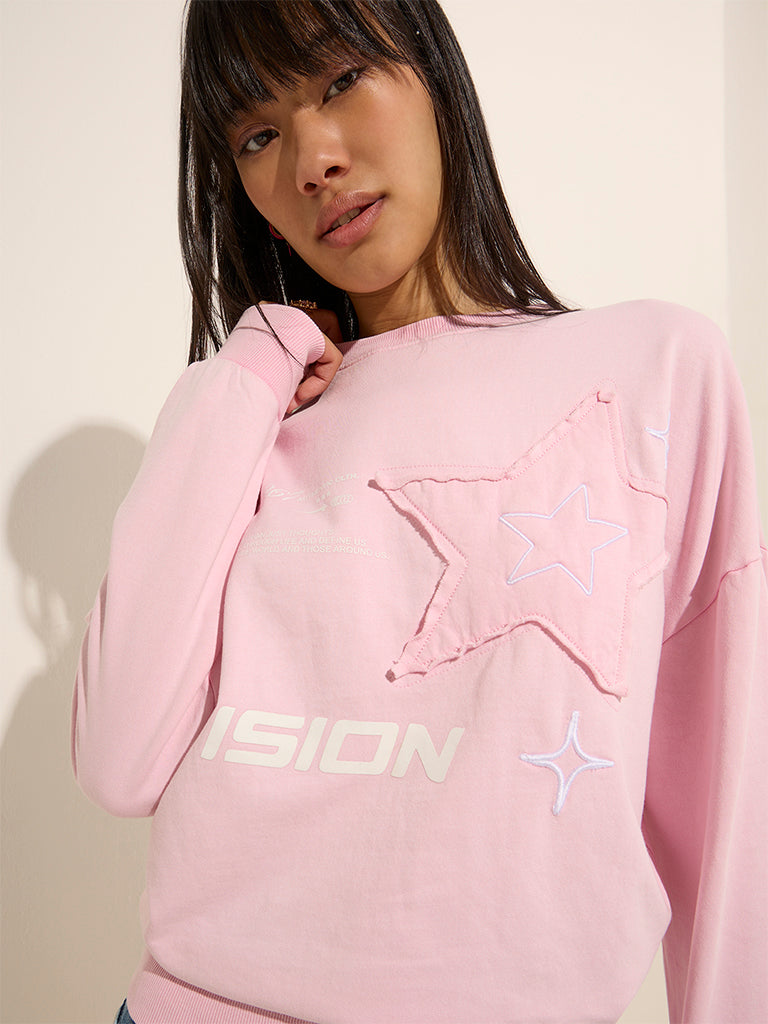 Nuon Pink Text Print Cotton Sweatshirt