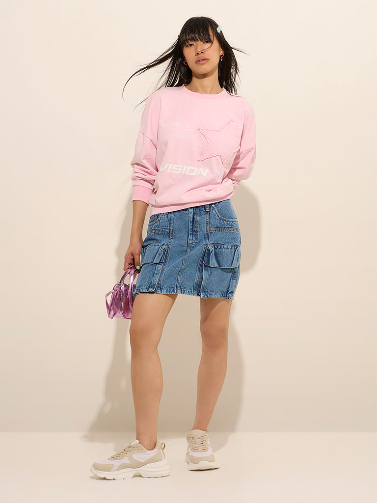 Nuon Pink Text Print Cotton Sweatshirt