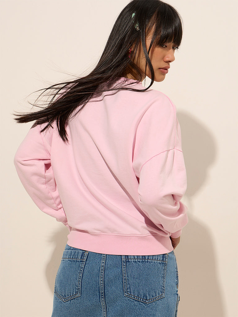 Nuon Pink Text Print Cotton Sweatshirt