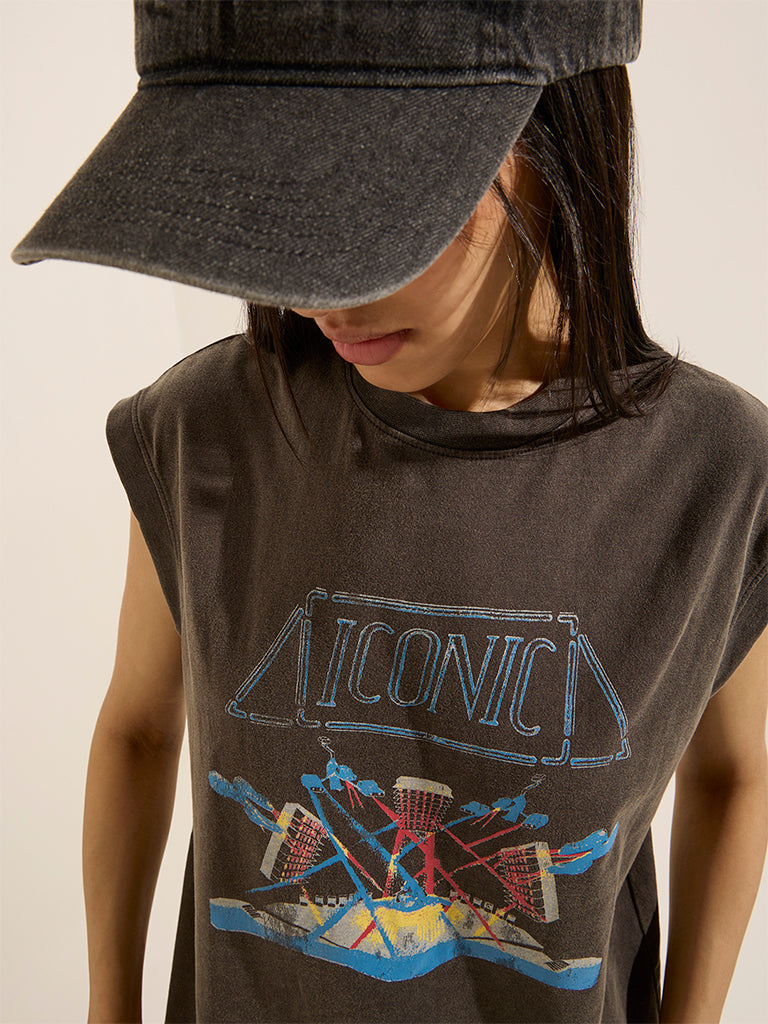 Nuon Charcoal Graphic Printed Cotton T-Shirt
