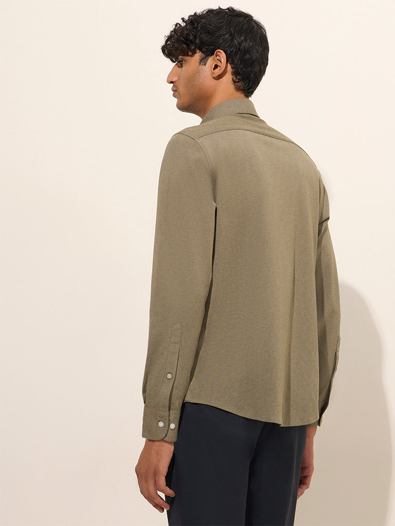 Westside WES Formals Men's Olive Slim-Fit Cotton-Blend Shirt for Work Wear Back View