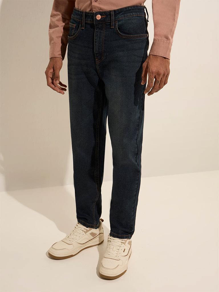 Westside Nuon Men's Dark Blue Slim-Fit Mid-Rise Denim Jeans for Casual Wear Front View