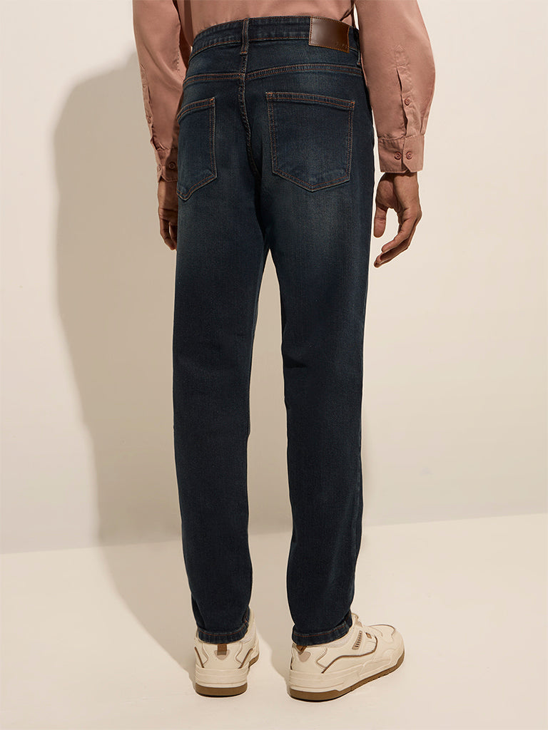 Westside Nuon Men's Dark Blue Slim-Fit Mid-Rise Denim Jeans for Casual Wear Back View