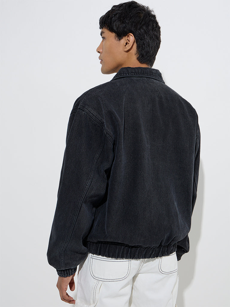 Westside Nuon Men's Charcoal Relaxed-Fit Denim Jacket for Casual Wear Back View