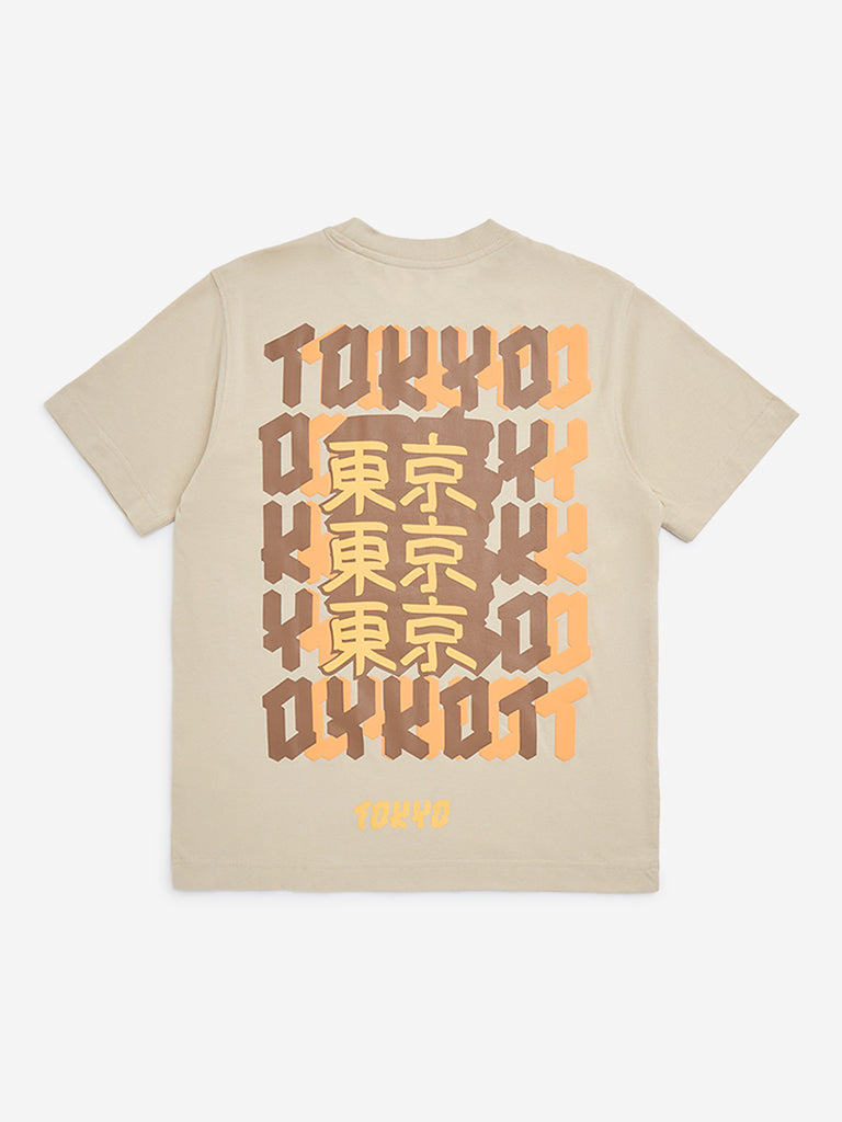 Y&F Kids Beige Text Pattern Cotton T-Shirt