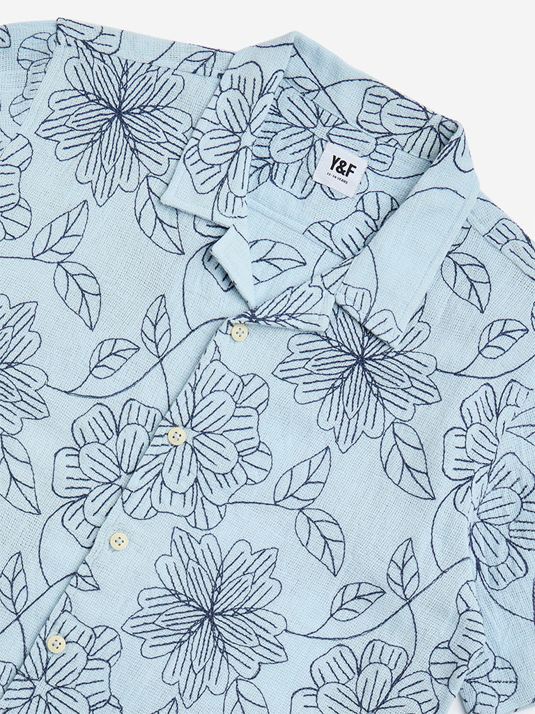 Westside Y&F Boy's Light Blue Floral Design Cotton Shirt for Casual Wear Zoomed View