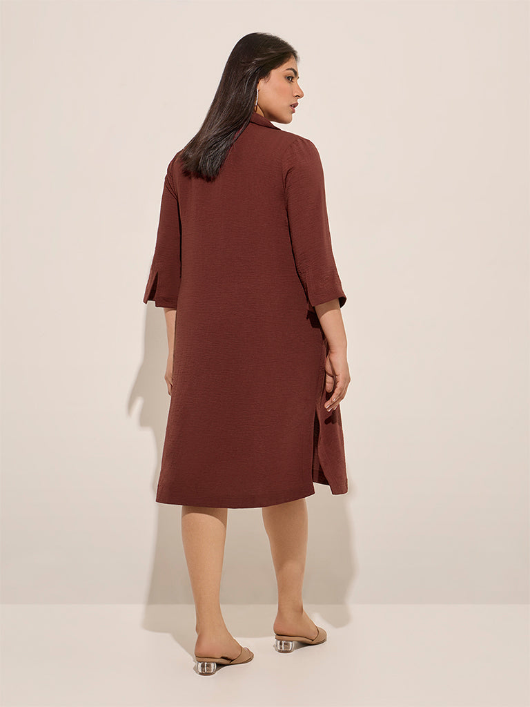 Westside Gia Women's Burgundy Crinkle-Textured A-Line Dress for Casual Wear Back View