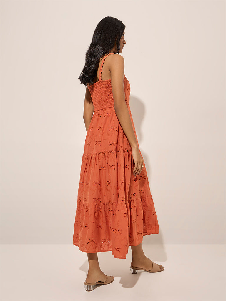 Westside LOV Women's Orange Tropical Embroidered A-Line Cotton Dress for Casual Wear Back View
