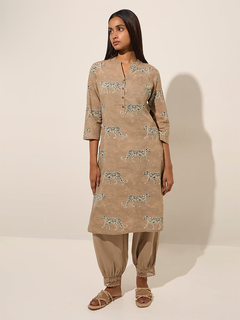Westside Utsa Women's Taupe Animal Printed Straight Cotton Kurta for Everyday Everyday Full view