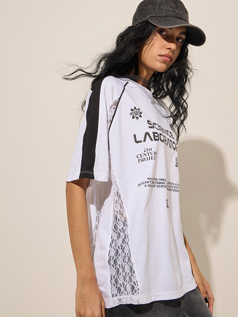 Westside Nuon Women's White Text-Printed Lace Cotton T-Shirt for Casual Wear Casual Wear Front View