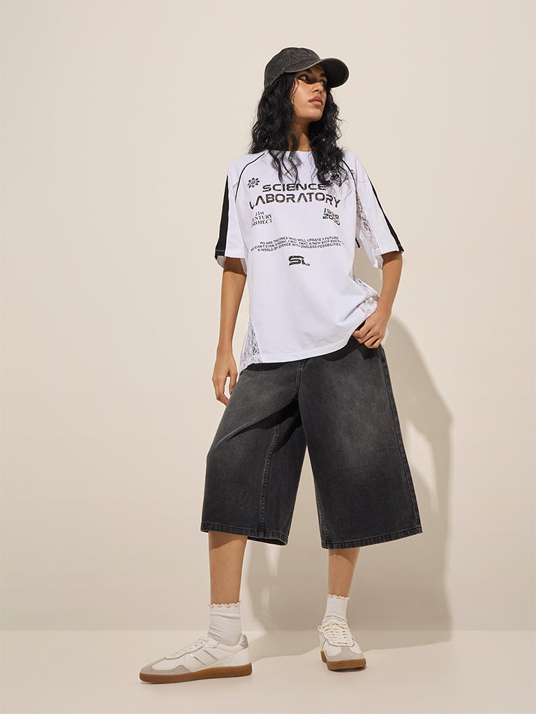 Westside Nuon Women's White Text-Printed Lace Cotton T-Shirt for Casual Wear Casual Wear Full View