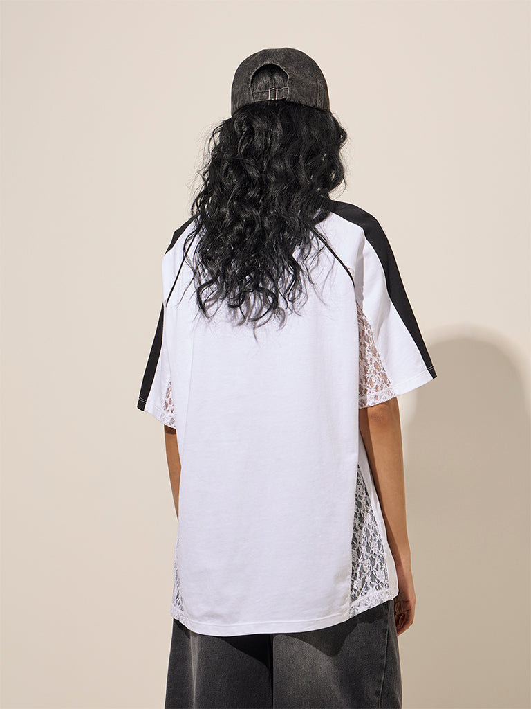 Westside Nuon Women's White Text-Printed Lace Cotton T-Shirt for Casual Wear Casual Wear Back View
