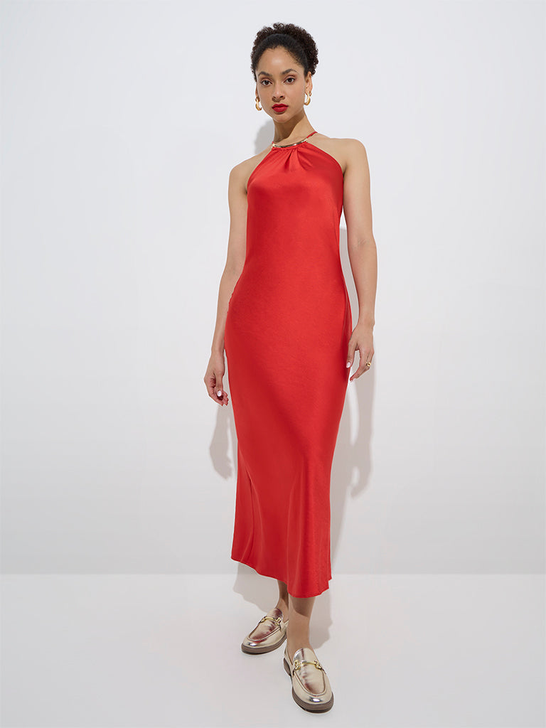 Westside Wardrobe Women's Red Solid Bodycon Dress for Work Wear Full View