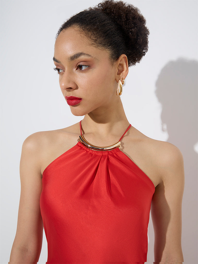 Westside Wardrobe Women's Red Solid Bodycon Dress for Work Wear Zoomed View