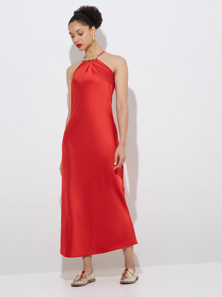 Westside Wardrobe Women's Red Solid Bodycon Dress for Work Wear Full View